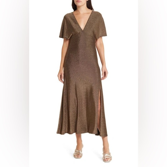 CHELSEA28 Metallic Midi Dress Black Gold Thanksgiving Christmas Holiday Party S - Picture 11 of 13